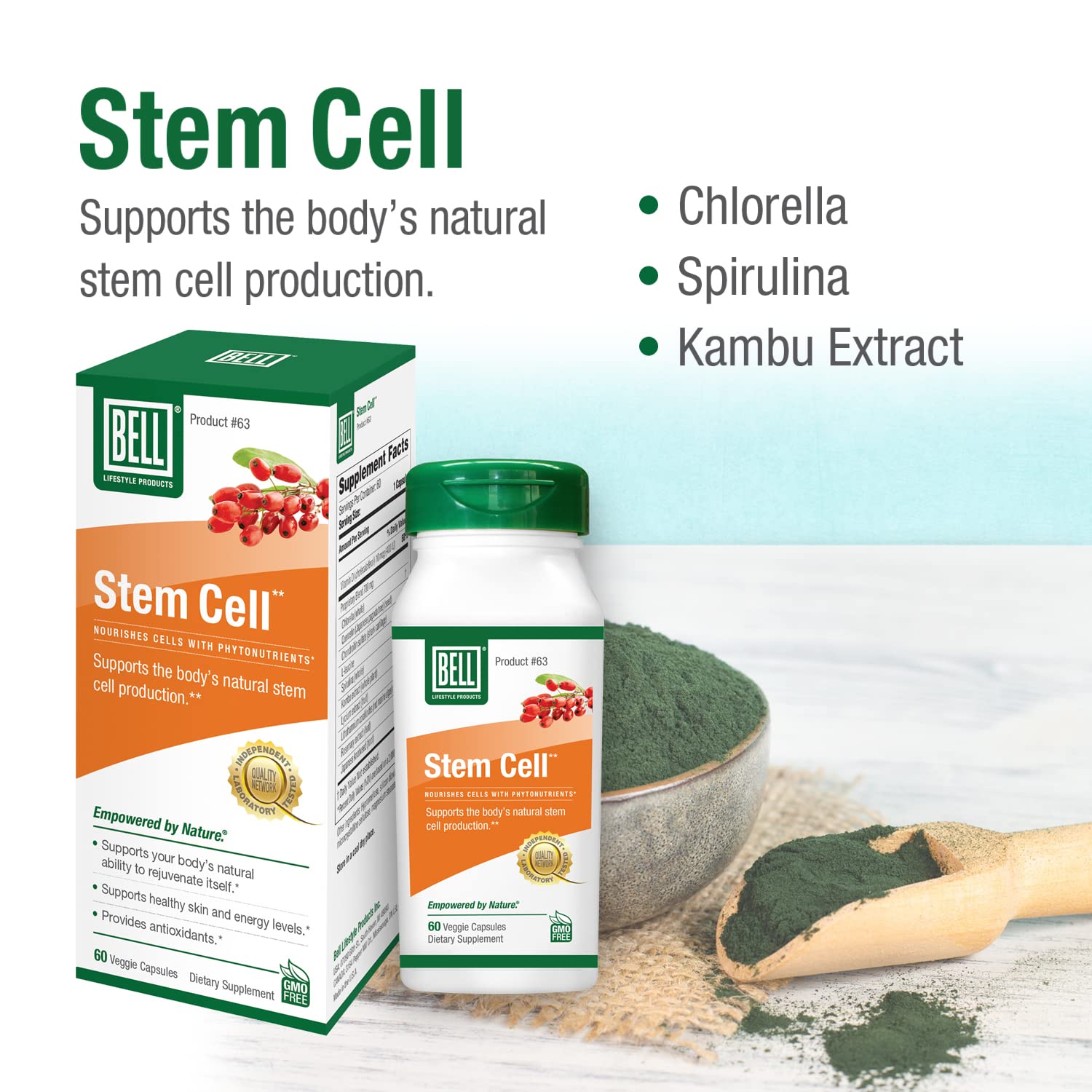 Green ingredient blend highlights Bell Stem Cell’s antioxidant-rich formula.