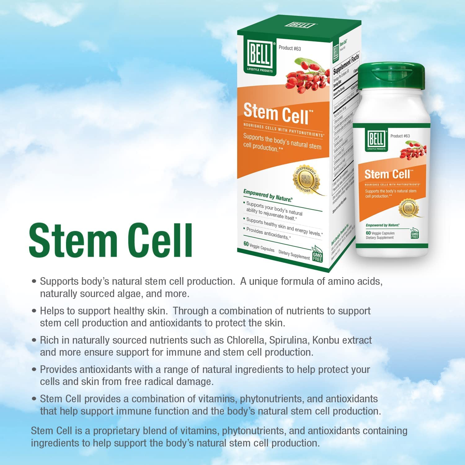 Bell Stem Cell Supplements label close-up shows premium ingredients.