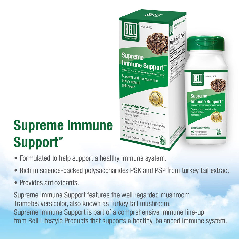 Bell Supreme Immune Support label highlights Turkey Tail mushroom polysaccharides.