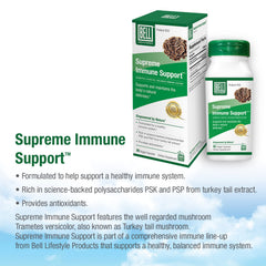 Bell Supreme Immune Support label highlights Turkey Tail mushroom polysaccharides.