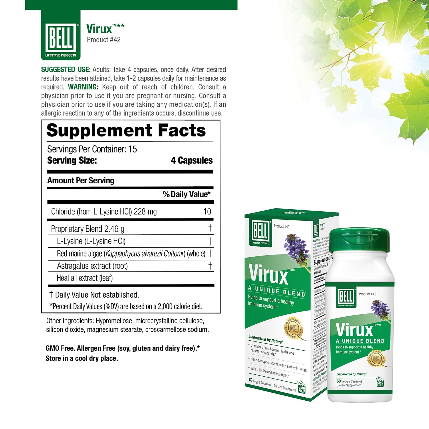 Bell Virux bottle label highlights lysine and herbal blend.