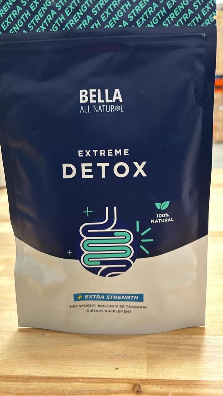 Bella All Natural Extreme Detox Tea in a brewed cup, inviting a refreshing daily self-care moment.