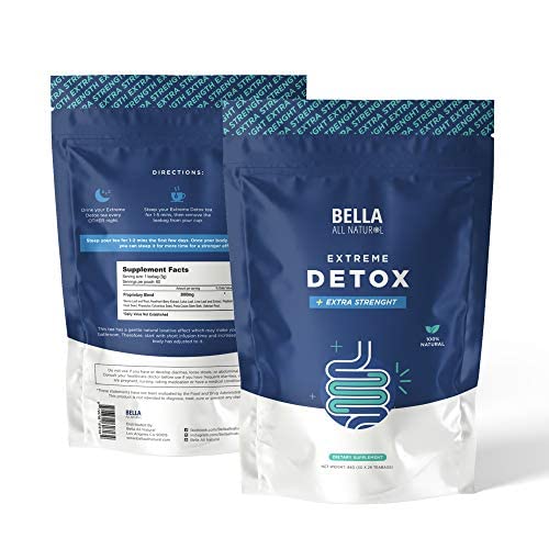 Bella All Natural Extreme Detox Tea on countertop with mug, illustrating convenient daily detox ritual.