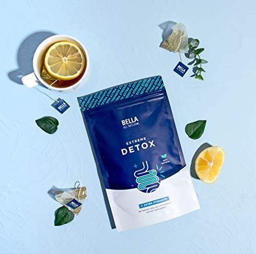 Bella All Natural Extreme Detox Tea label close-up, highlighting natural herbs and easy preparation.