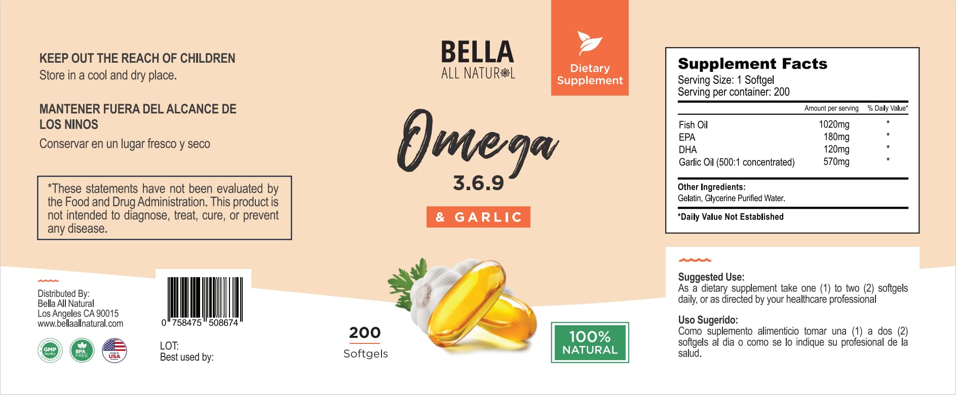 Bella All Natural label close-up emphasizing clean ingredients and garlic oil.