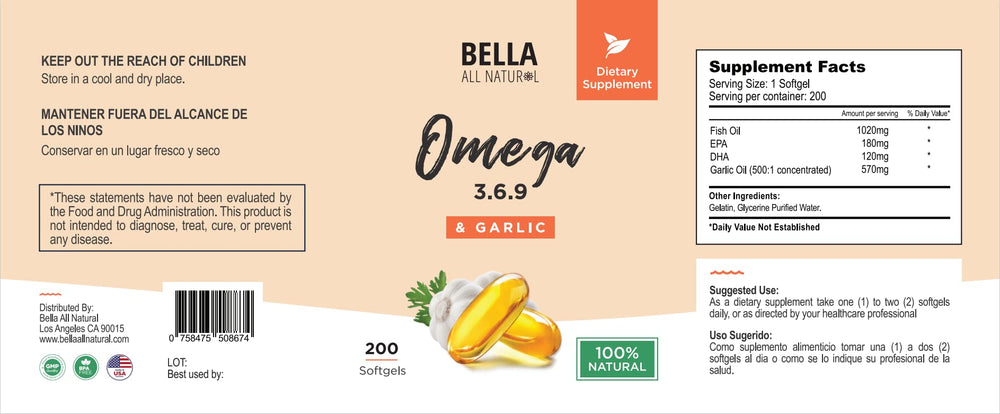 Bella All Natural label close-up emphasizing clean ingredients and garlic oil.