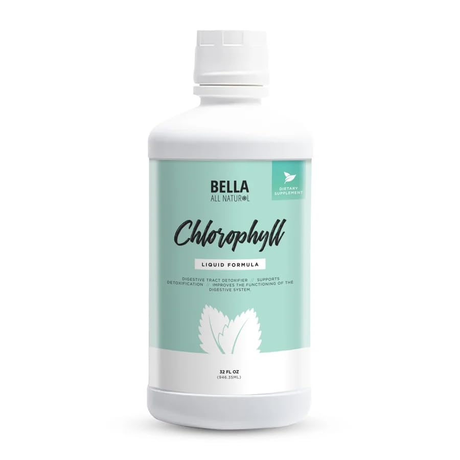 Bella All Natural liquid chlorophyll drops bottle with mint flavor for energy and clarity.