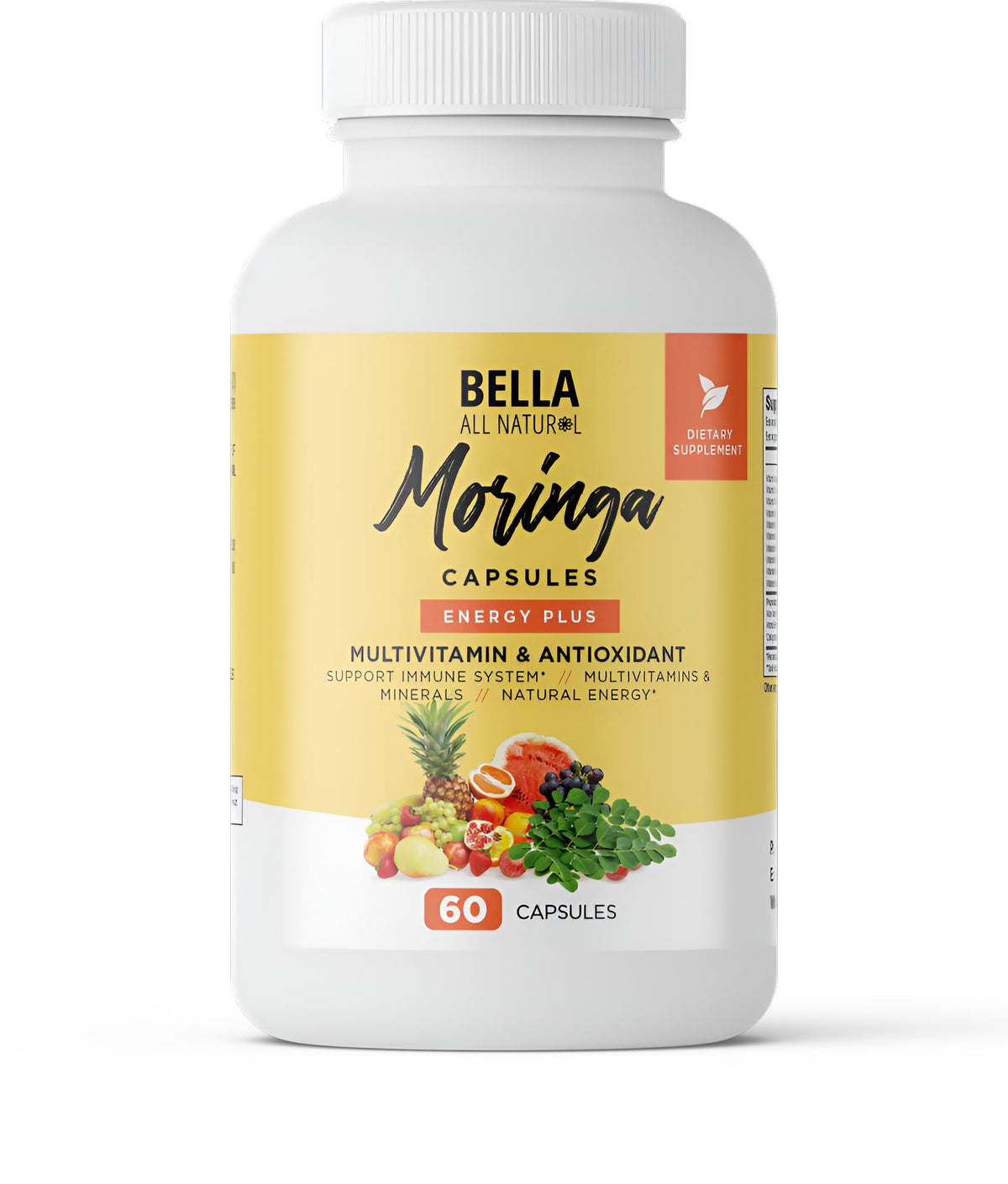 Bella All Natural Moringa Capsules bottle closeup highlighting convenient daily supplementation
