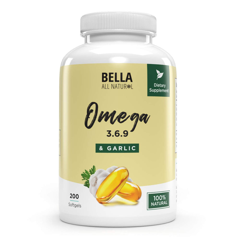 Bella All Natural Omega-3-6-9 with Garlic Oil softgels bottle for daily supplementation.