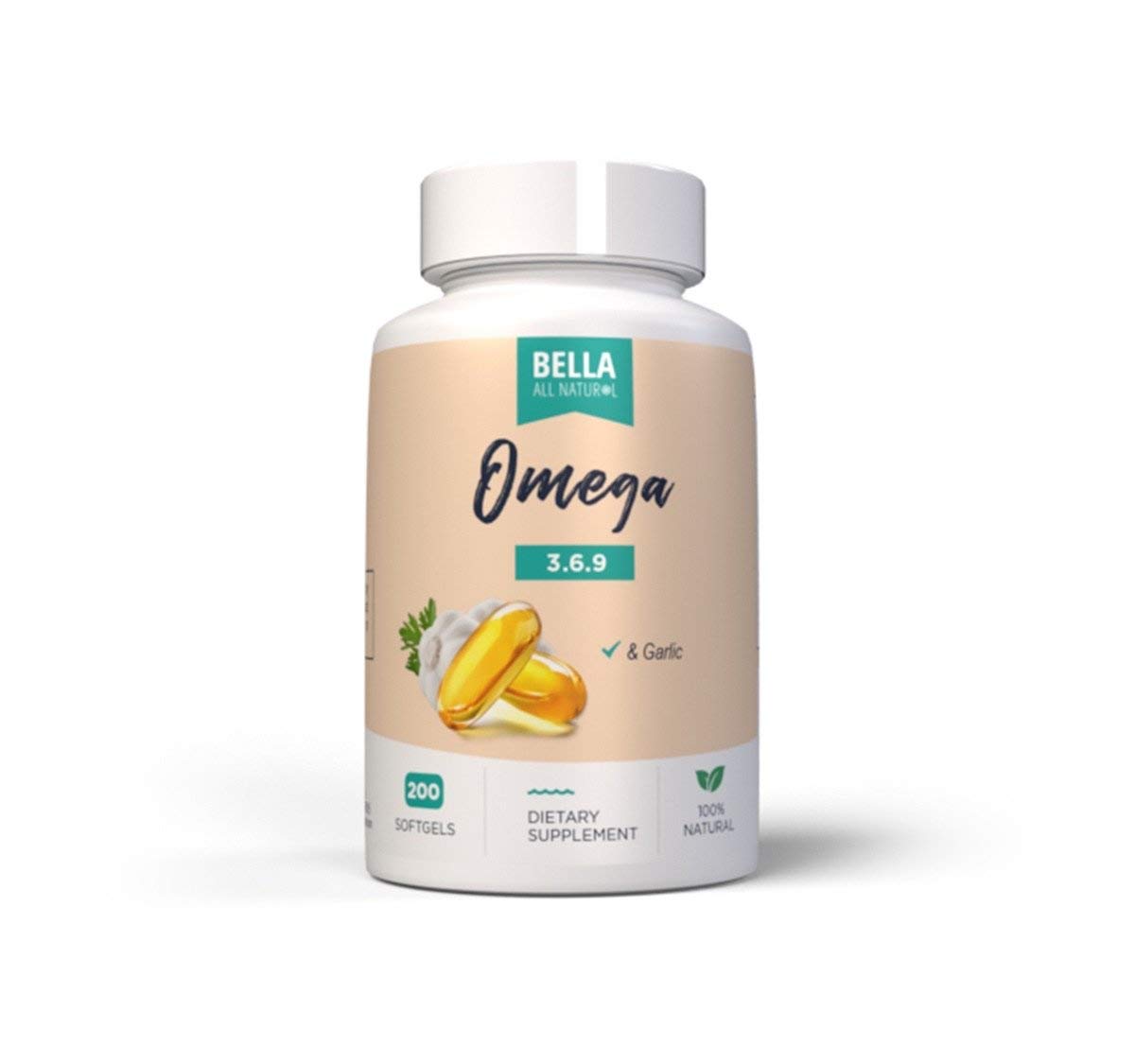 Bella All Natural Omega-3-6-9 with Garlic Oil pour bottle showing serving-ready capsules.