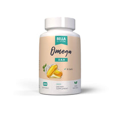 Bella All Natural Omega-3-6-9 with Garlic Oil pour bottle showing serving-ready capsules.