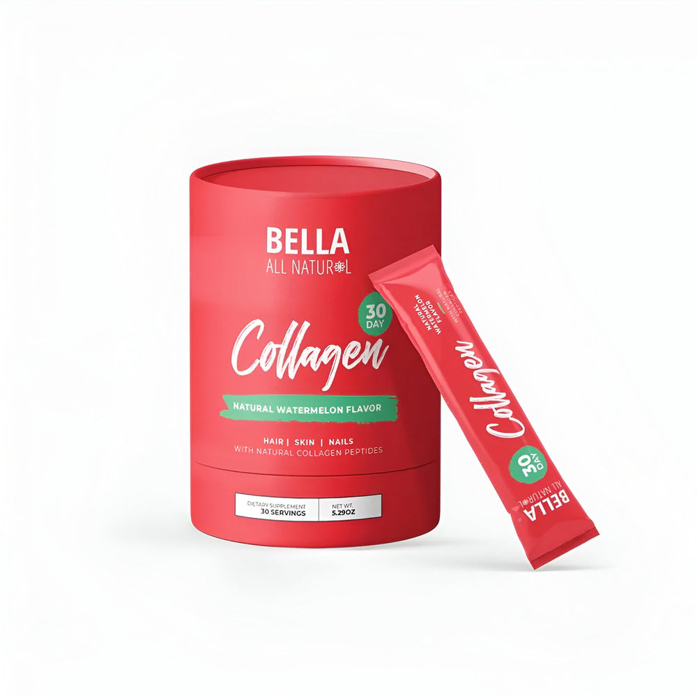 Bella All Natural Watermelon Collagen Powder tub on counter for daily skin wellness.