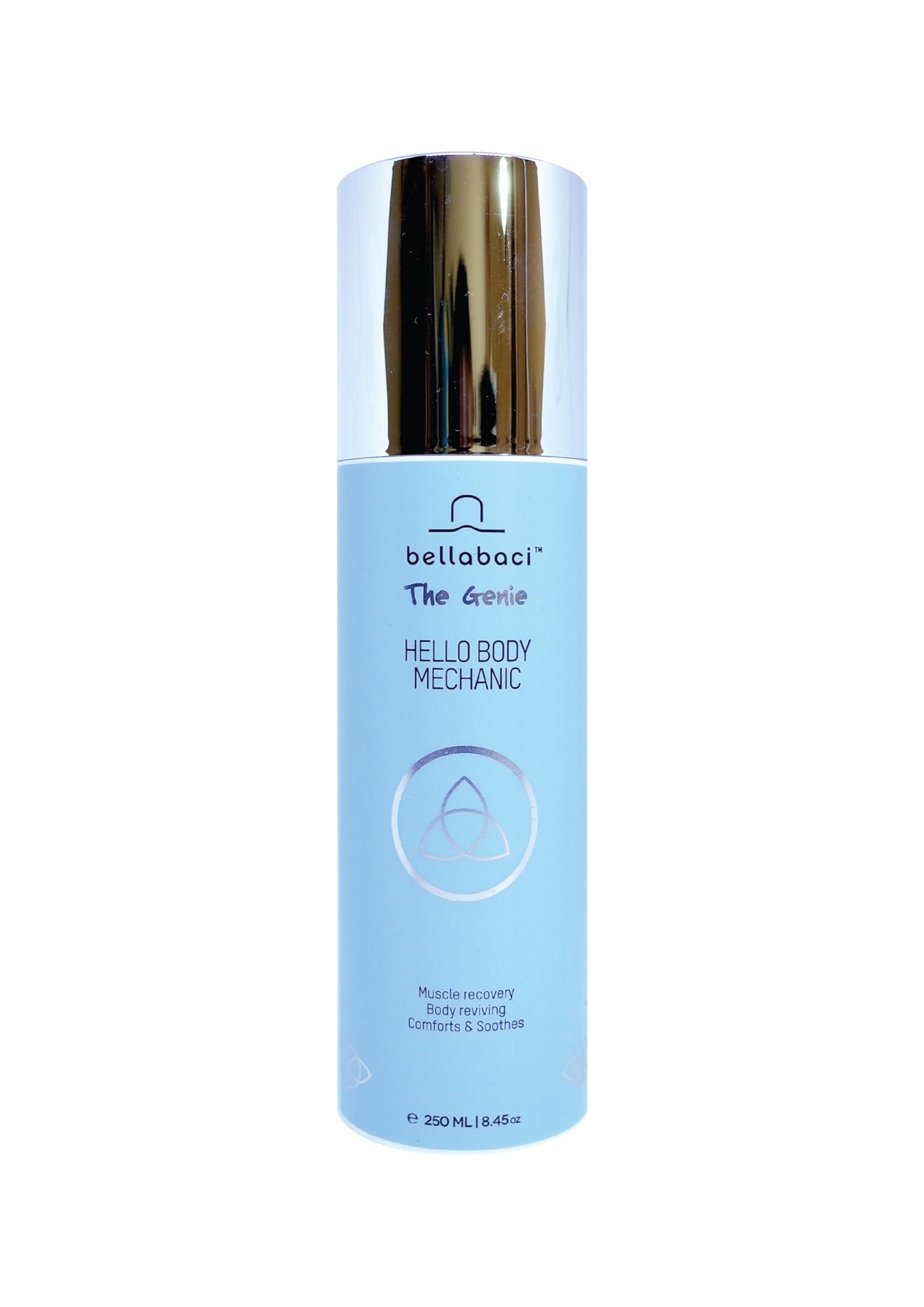 Bellabaci Hello Body Mechanic Genie Gel pour bottle for aromatherapy and localized relaxation.