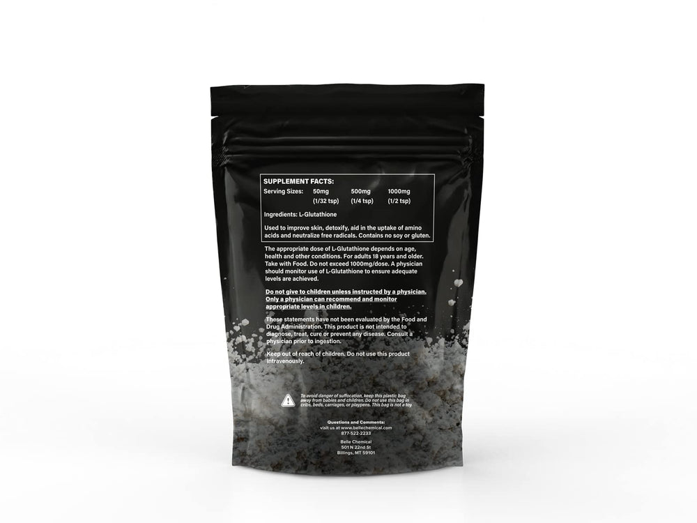 Belle Chemical Pure L-Glutathione label closeup showing transparent ingredients.