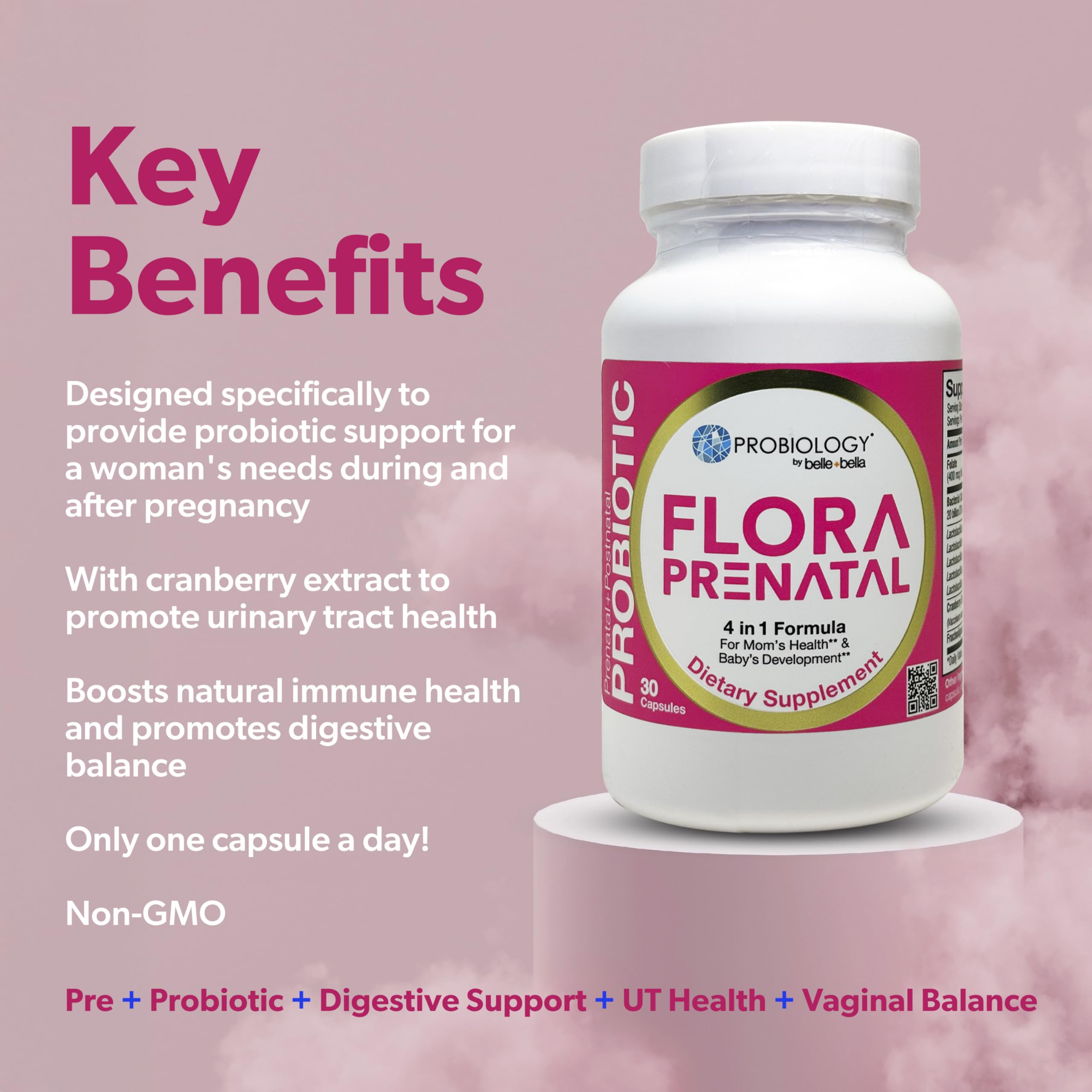 bellebella Probiology Flora prenatal daily-use image emphasizes 20B live cultures supporting a healthy gut.