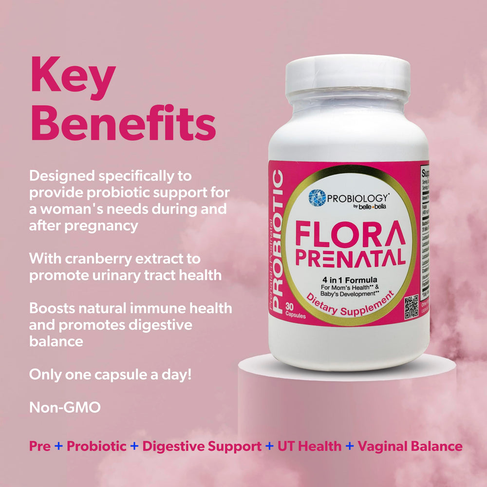 bellebella Probiology Flora prenatal daily-use image emphasizes 20B live cultures supporting a healthy gut.