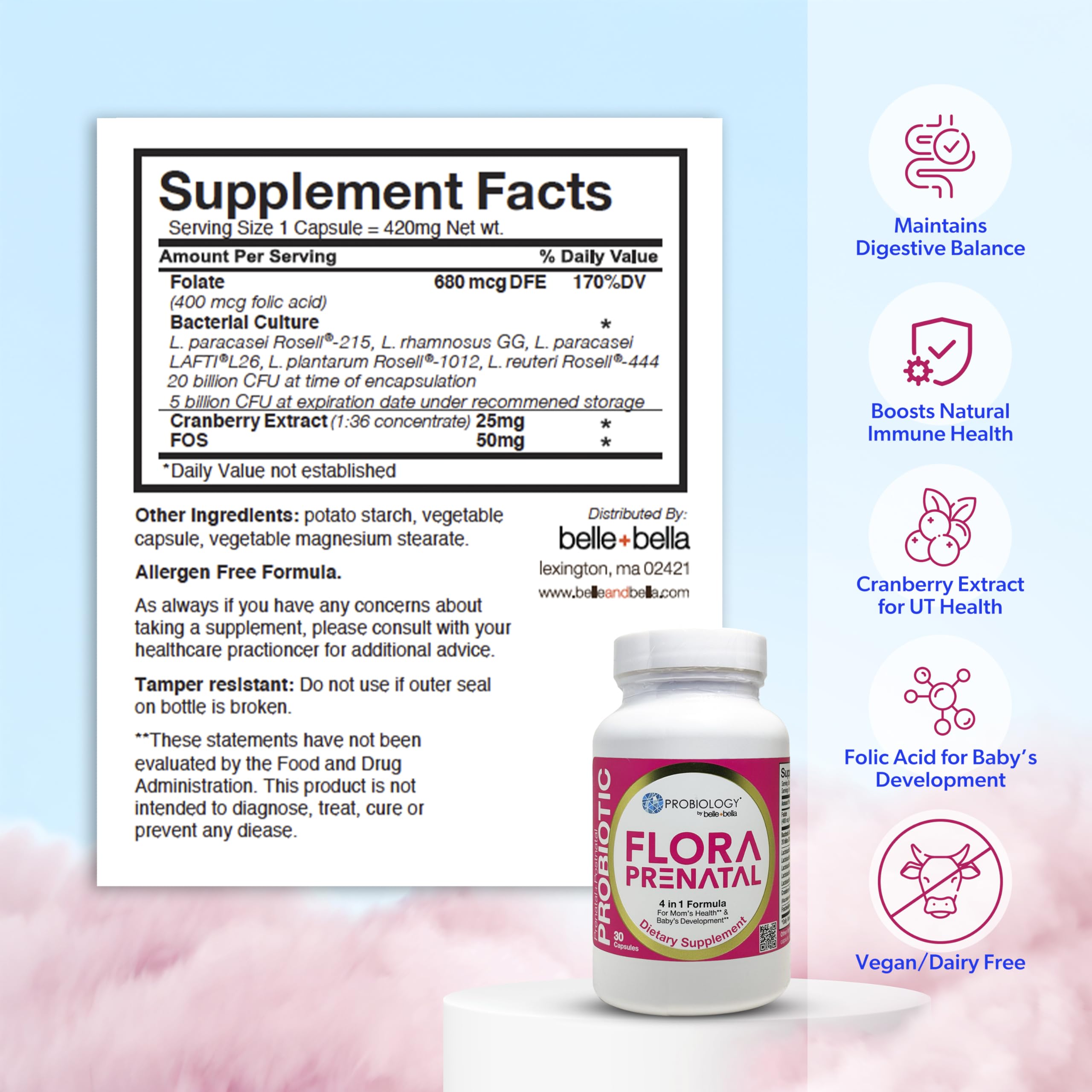 bellebella Probiology Flora prenatal packaging highlights non-GMO vegan formula and prebiotic-probiotic blend.