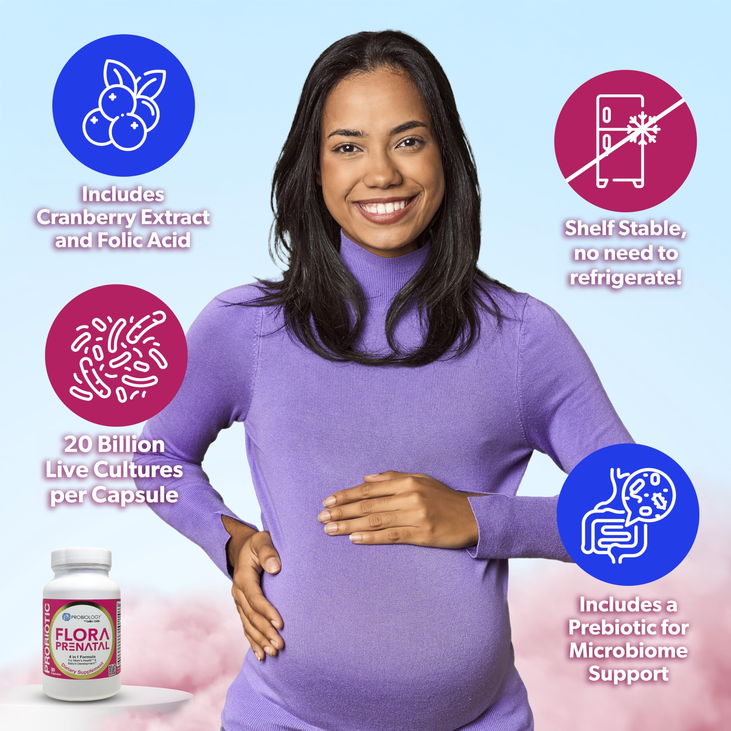 bellebella Probiology Flora prenatal urinary-tract-health stand features cranberry extract for urinary tract wellness.