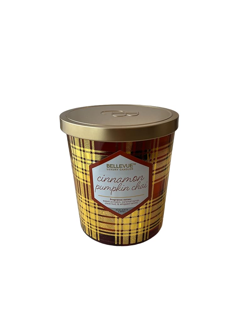 Bellevue Luxury Candles 12 oz jar with Cinnamon Pumpkin Chai aroma warmly fills the room