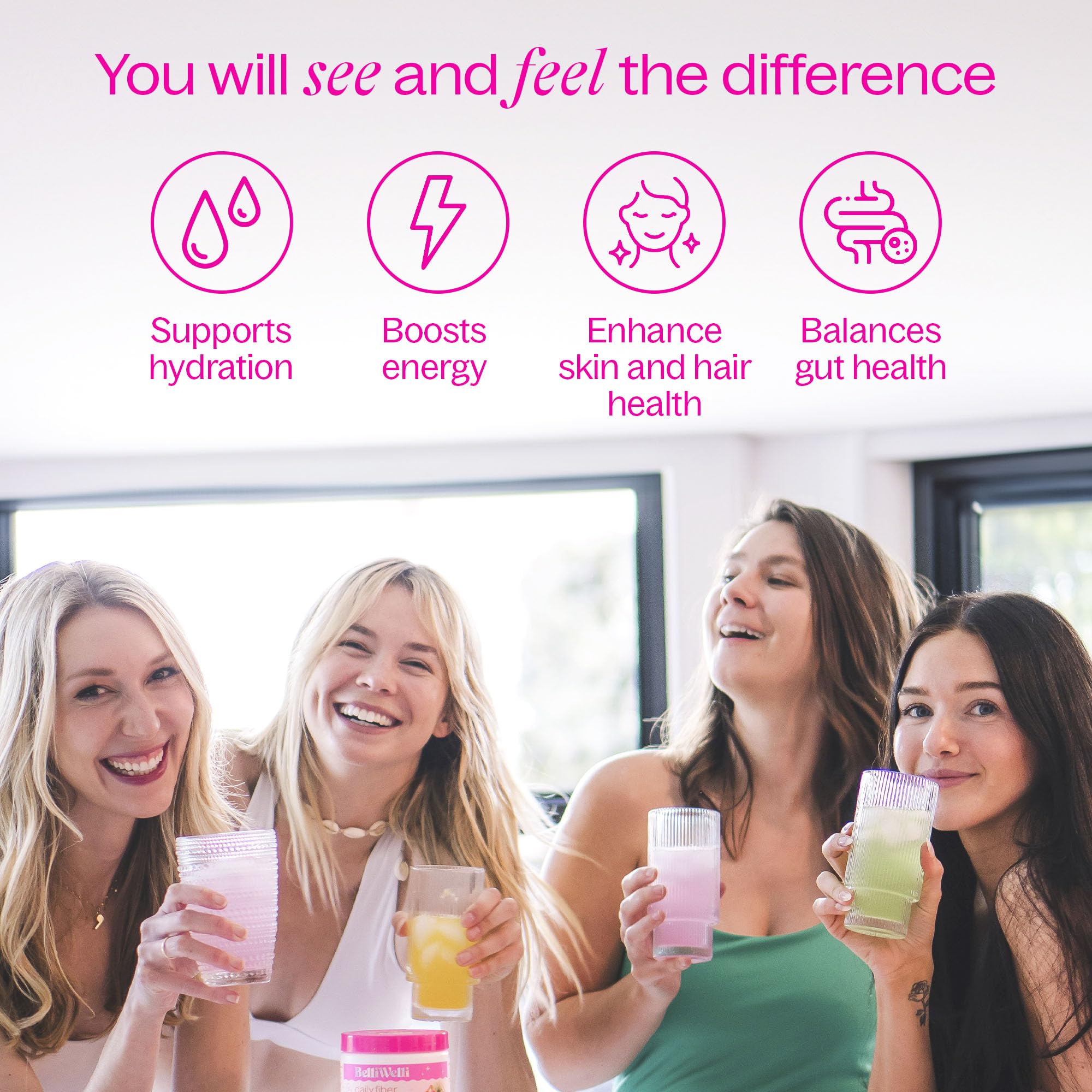 Belli Welli bottle illustrates added collagen electrolytes and probiotics benefits