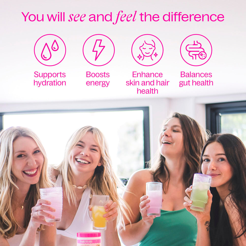 Belli Welli bottle illustrates added collagen electrolytes and probiotics benefits