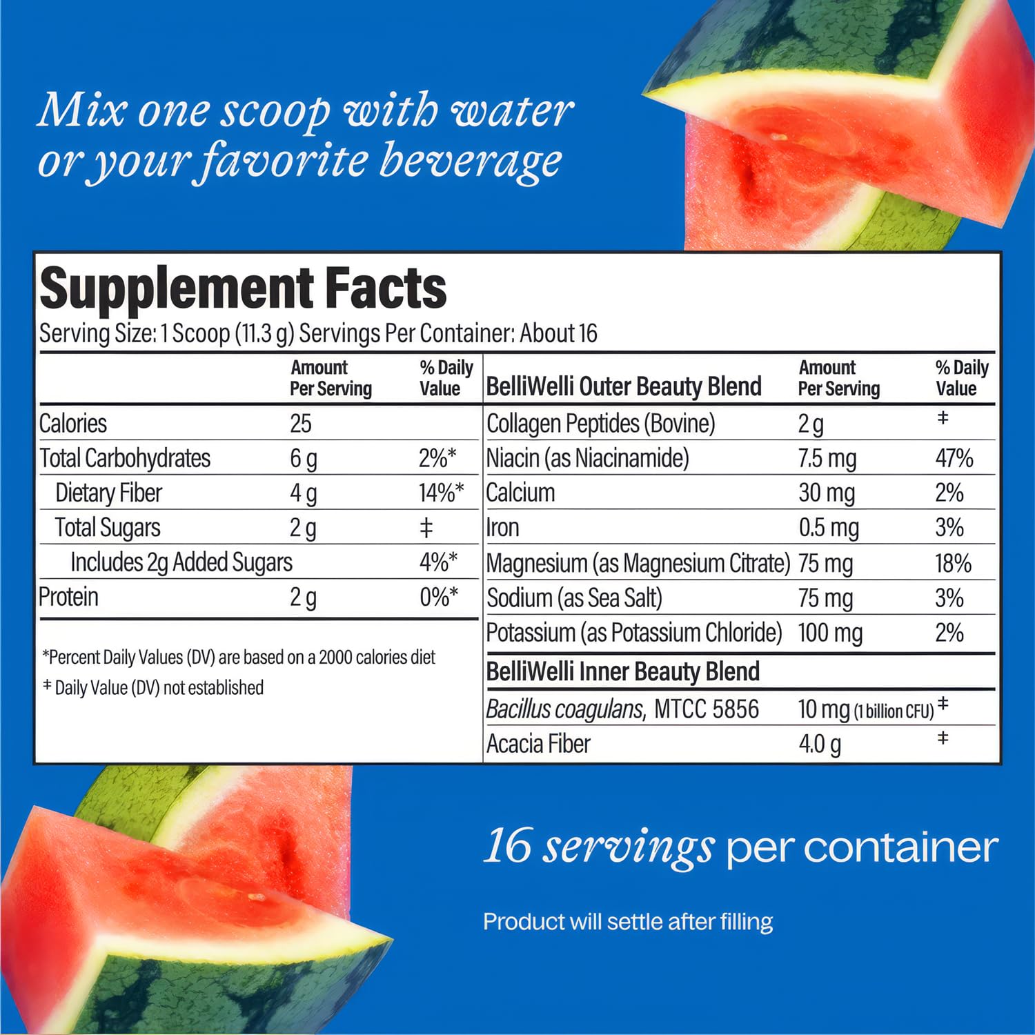 Belli Welli fiber with probiotics and collagen imagery suggests gut health support.