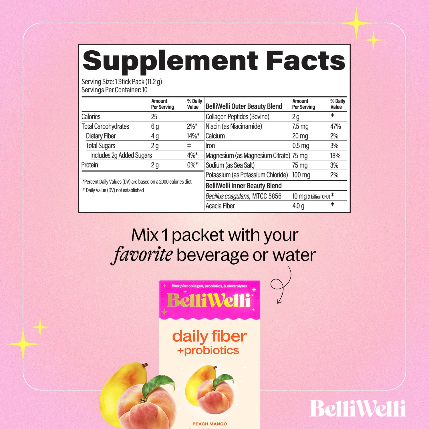 Belli Welli Peach Mango powder dissolving in a glass to show flavor