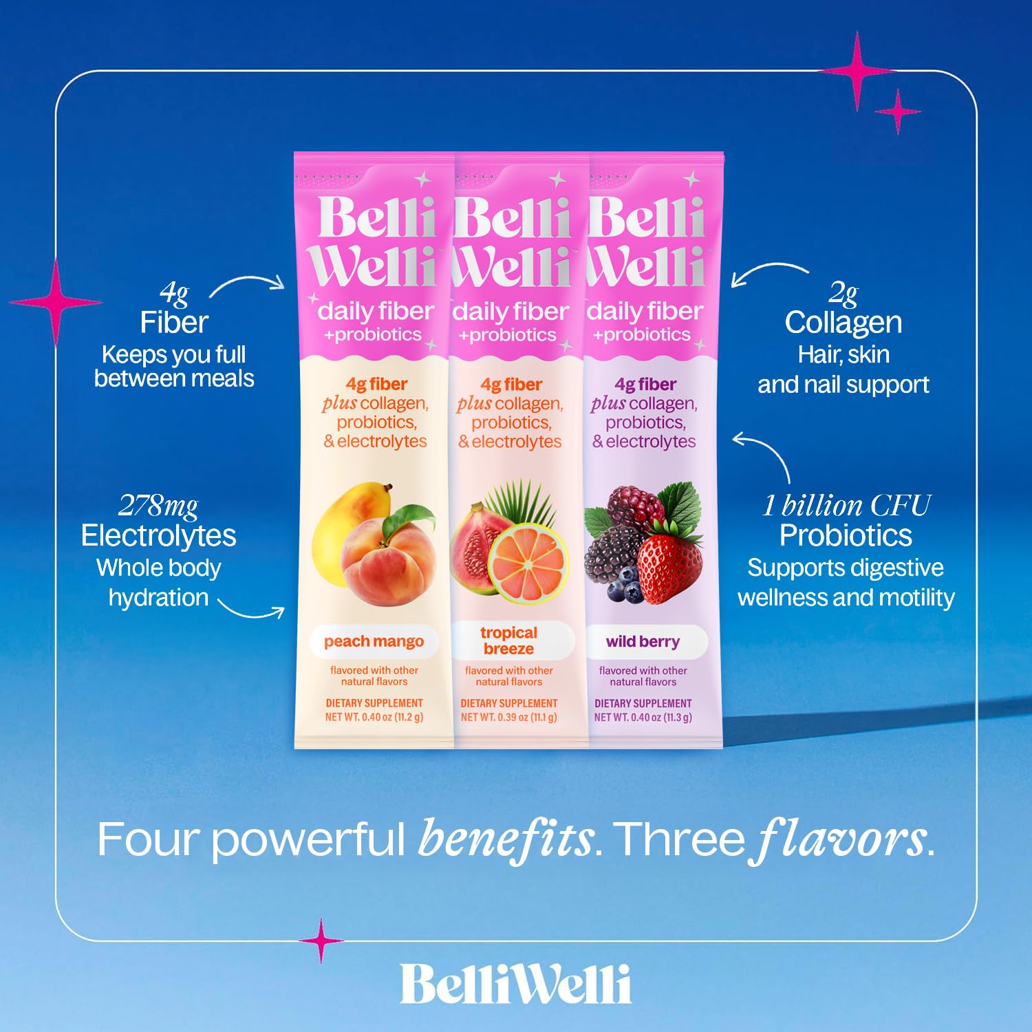Belli Welli travel-pack ten packets showing portable gut health options.