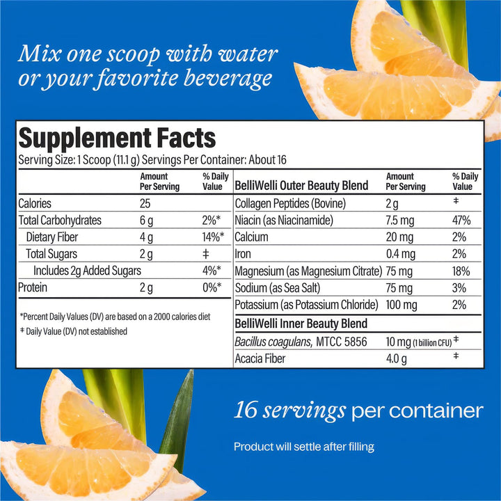 Belli Welli fiber powder packaging highlights premium ingredients