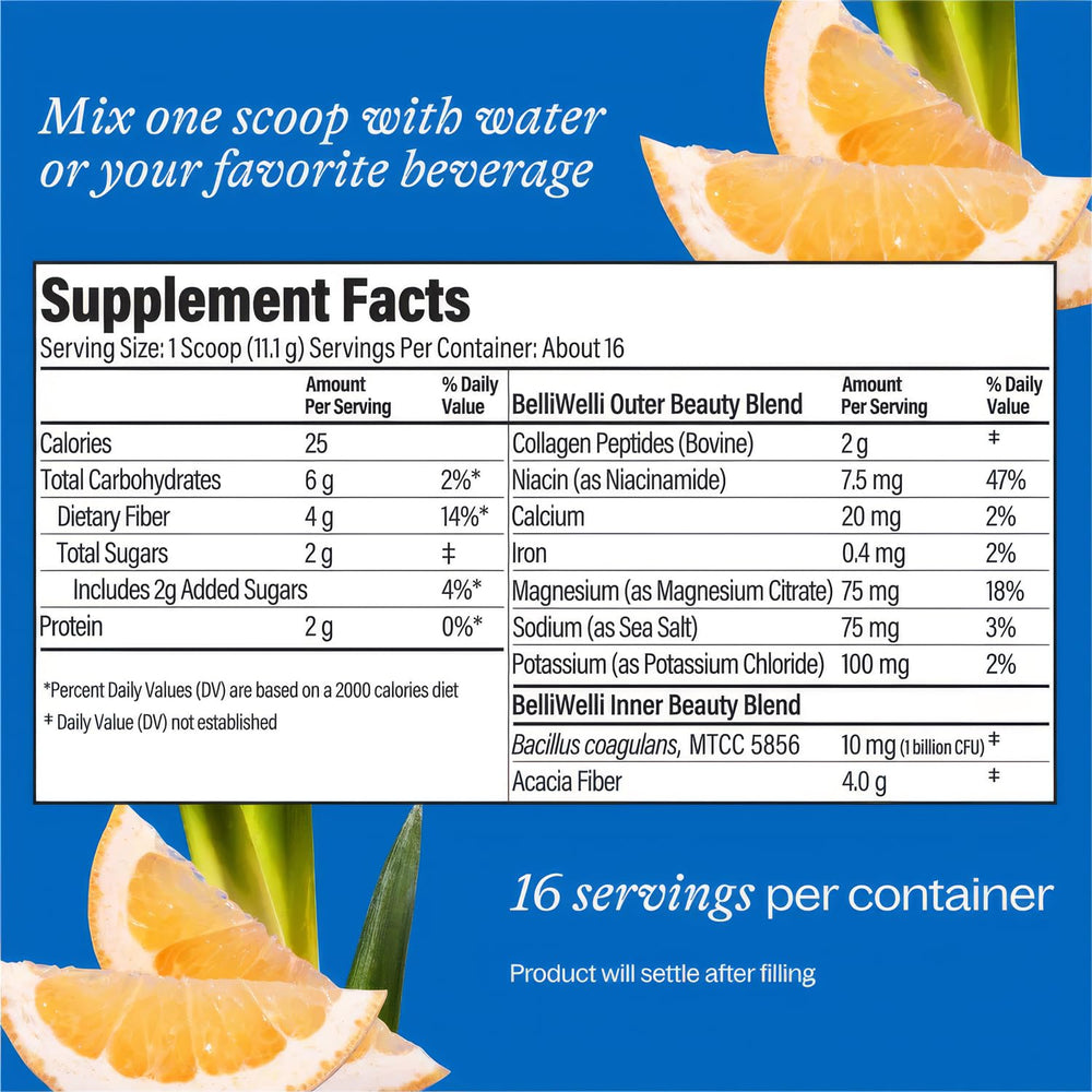 Belli Welli fiber powder packaging highlights premium ingredients