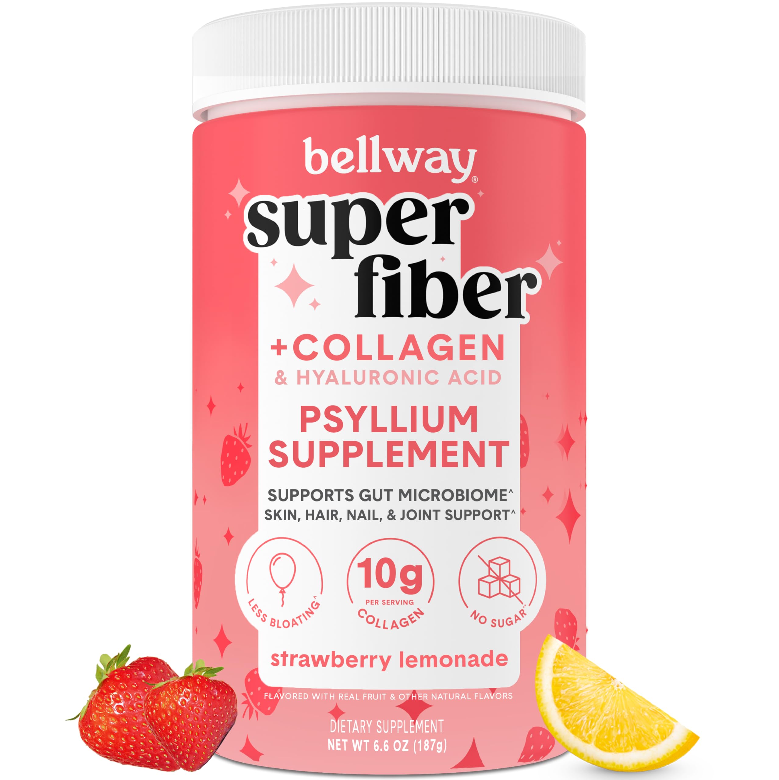 Bellway Super Fiber Powder bottle label highlighting strawberry lemonade flavor and gut support