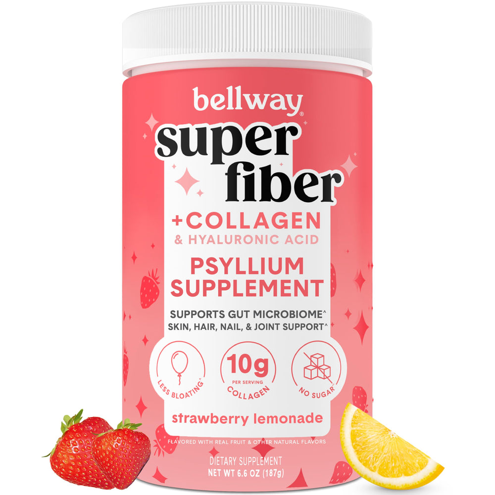 Bellway Super Fiber Powder bottle label highlighting strawberry lemonade flavor and gut support