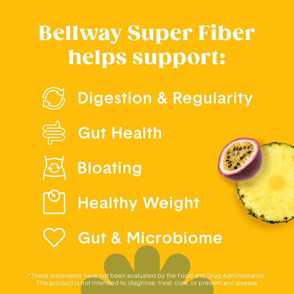 Bellway Super Fiber jar label shows organic psyllium husk and plant-based formula.