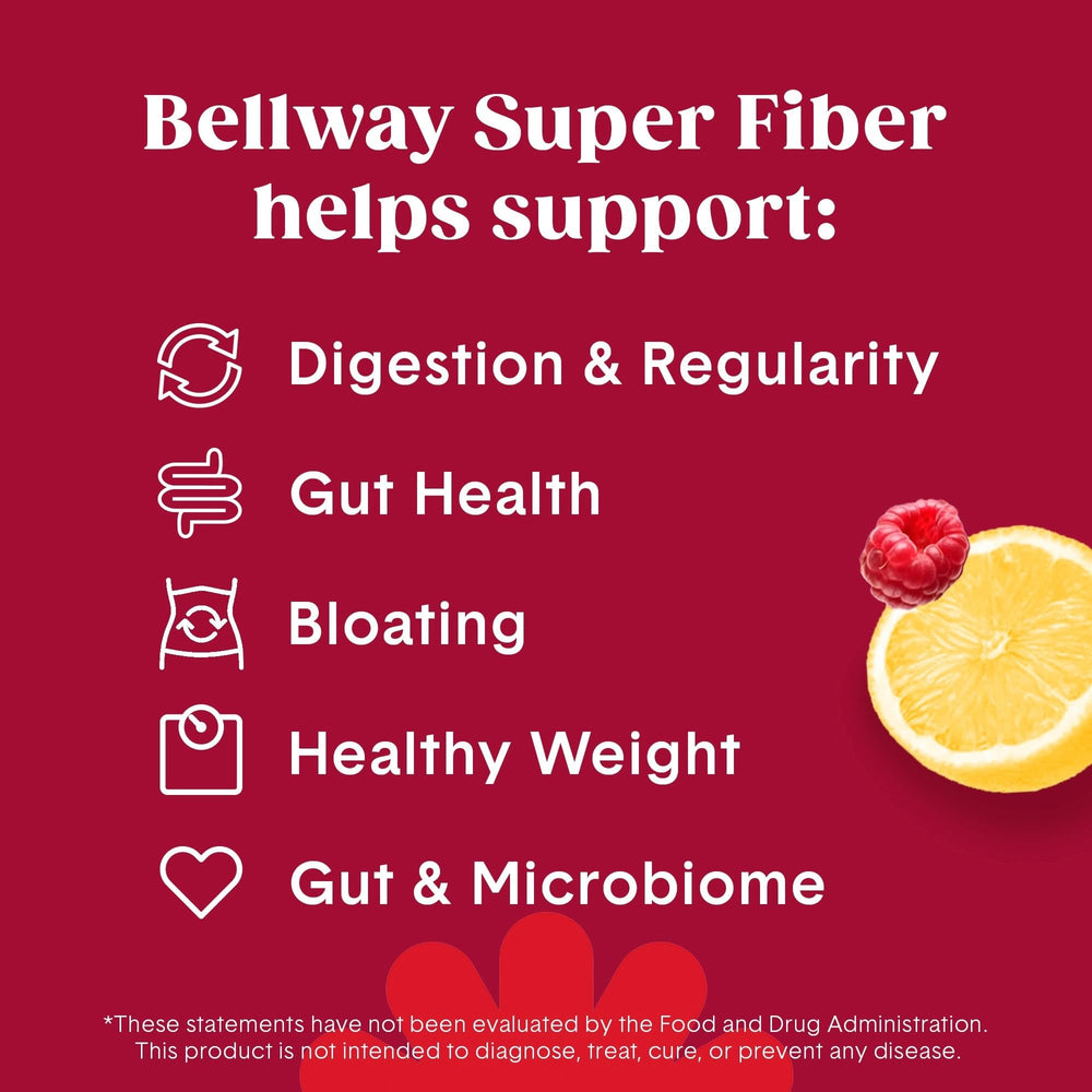 Bellway Super Fiber Powder measuring cup highlights quick mix with fruit flavor