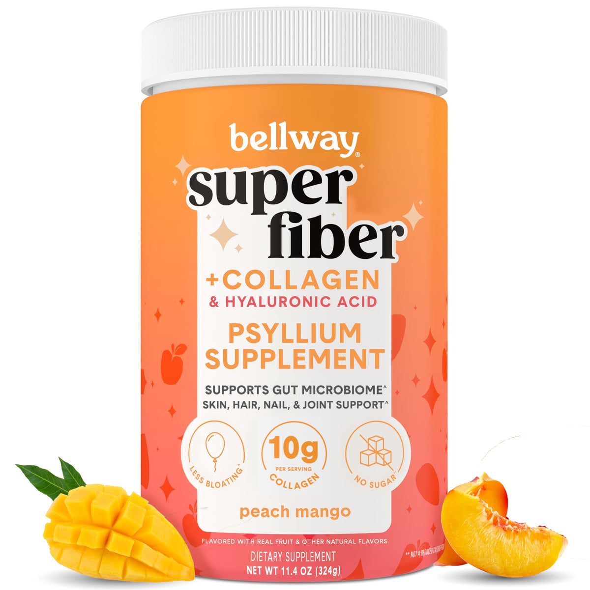 Bellway Super Fiber Powder Peach Mango bottle for daily gut support and radiant skin.