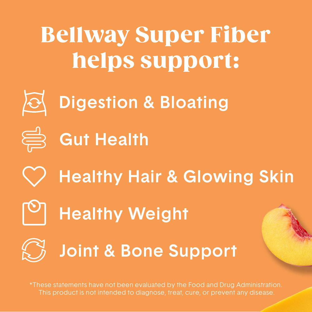 Bellway Peach Mango drink in a glass suggests refreshing, fiber-rich hydration.
