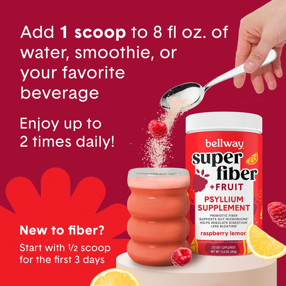 Bellway Super Fiber Powder scoop over bowl conveys gentle support for daily wellness