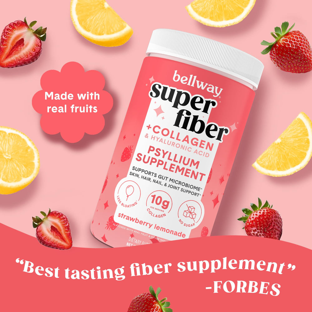 Bellway Super Fiber Powder scoop beside bottle emphasizing fiber and collagen blend benefits