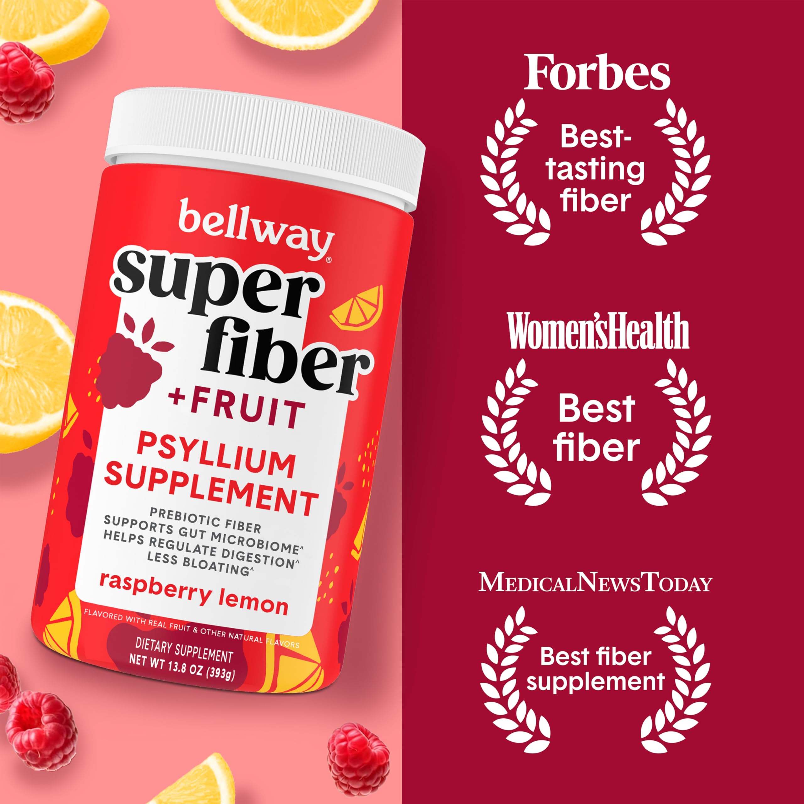 Bellway Super Fiber Powder with spoon illustrates convenient daily scoop for regularity