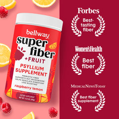 Bellway Super Fiber Powder with spoon illustrates convenient daily scoop for regularity