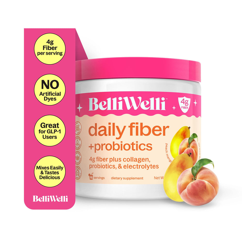 BelliWelli fiber powder tub and spoon, a convenient daily option for gentle digestive balance.