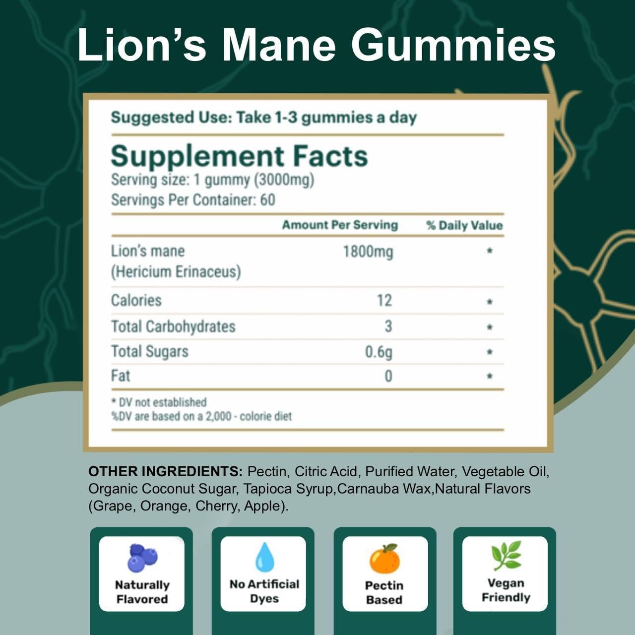 Belmonia Lions Mane gummies show 5400mg per serving for focus.