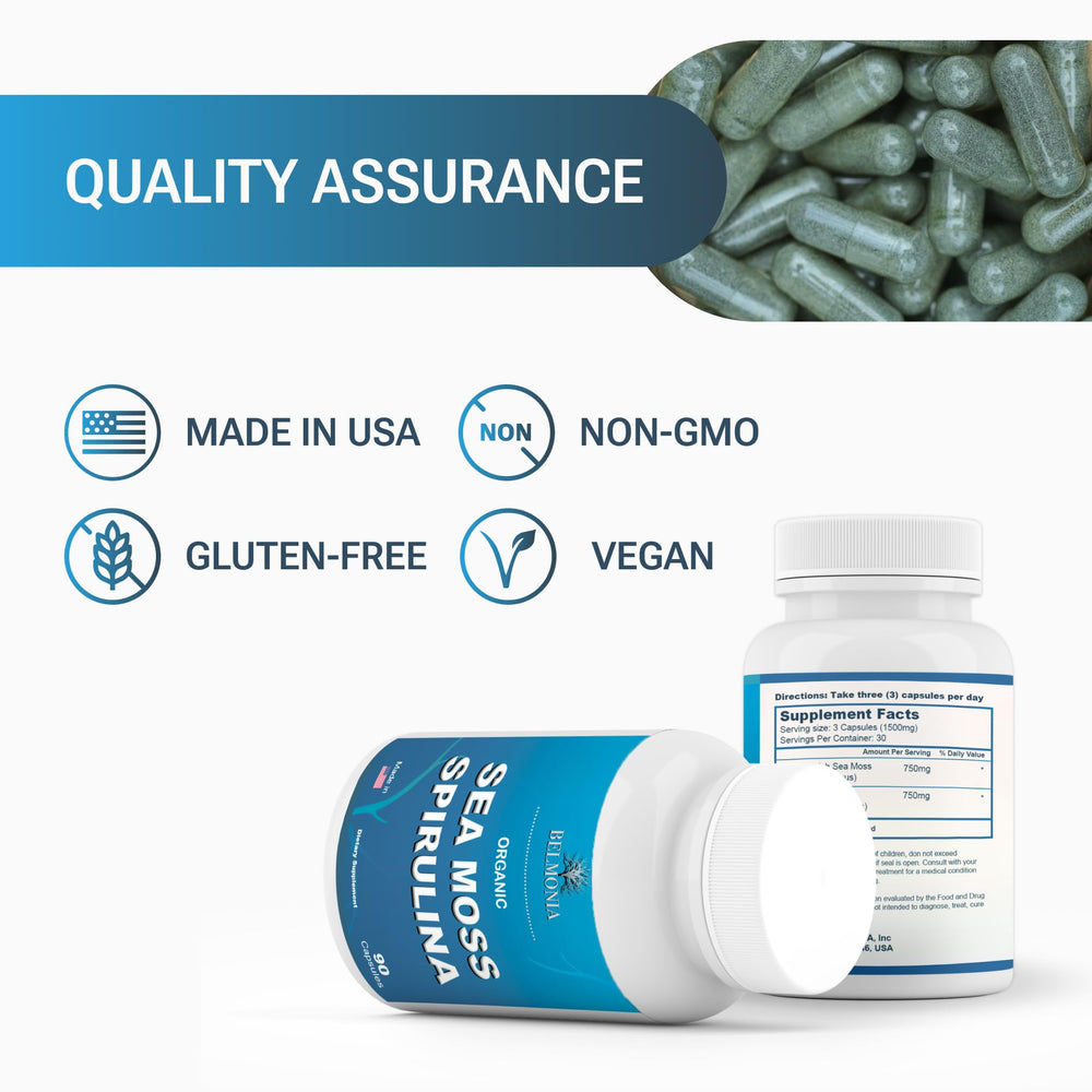 Belmonia organic spirulina capsules close-up on vibrant label details.