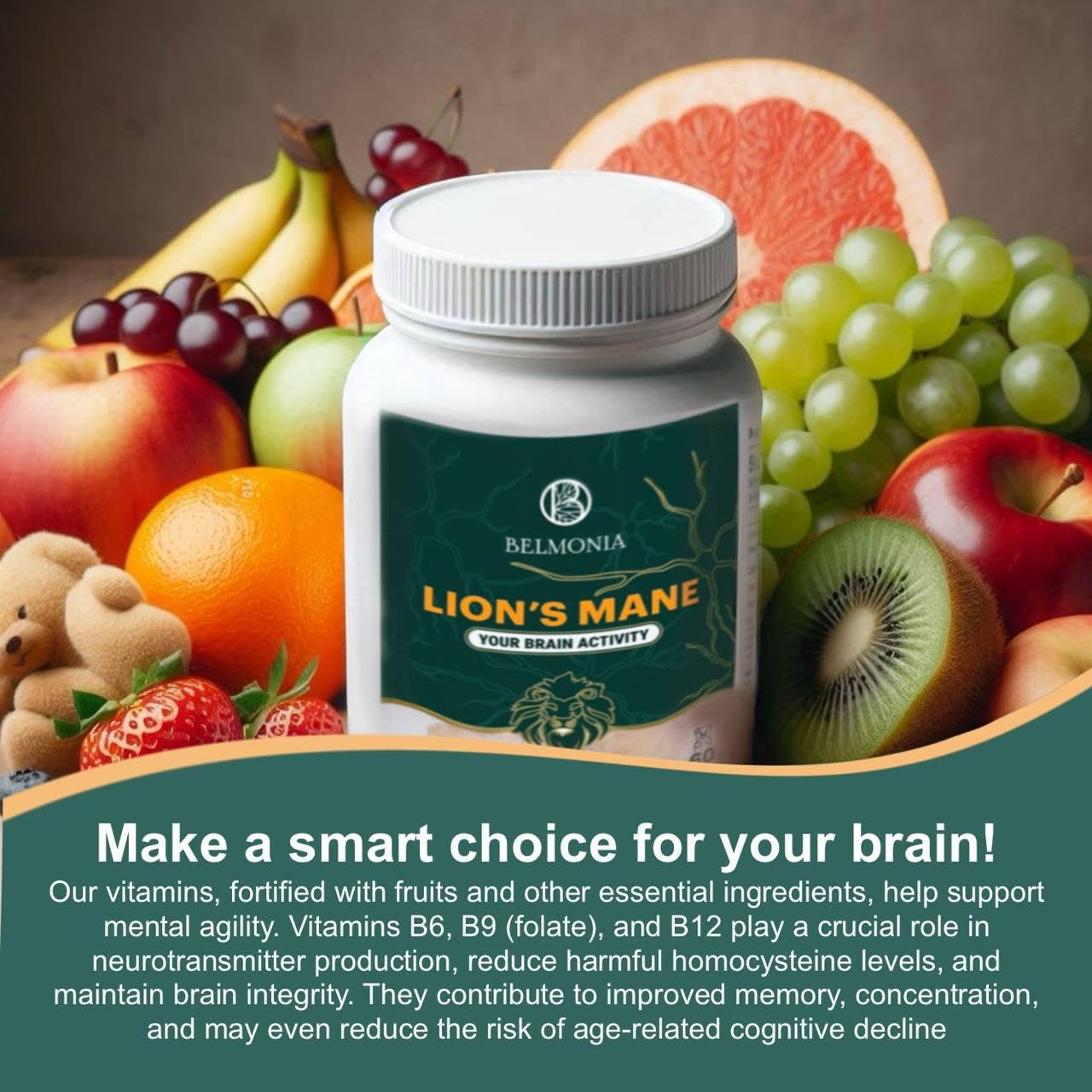 Belmonia vegan non-GMO label highlights plant-based brain support.