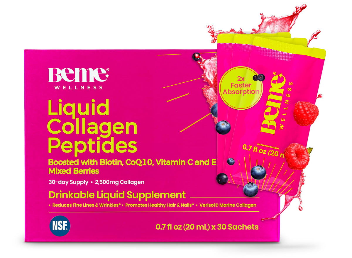 BeMe Liquid Collagen bottle pours for easy daily dosing in beauty routine