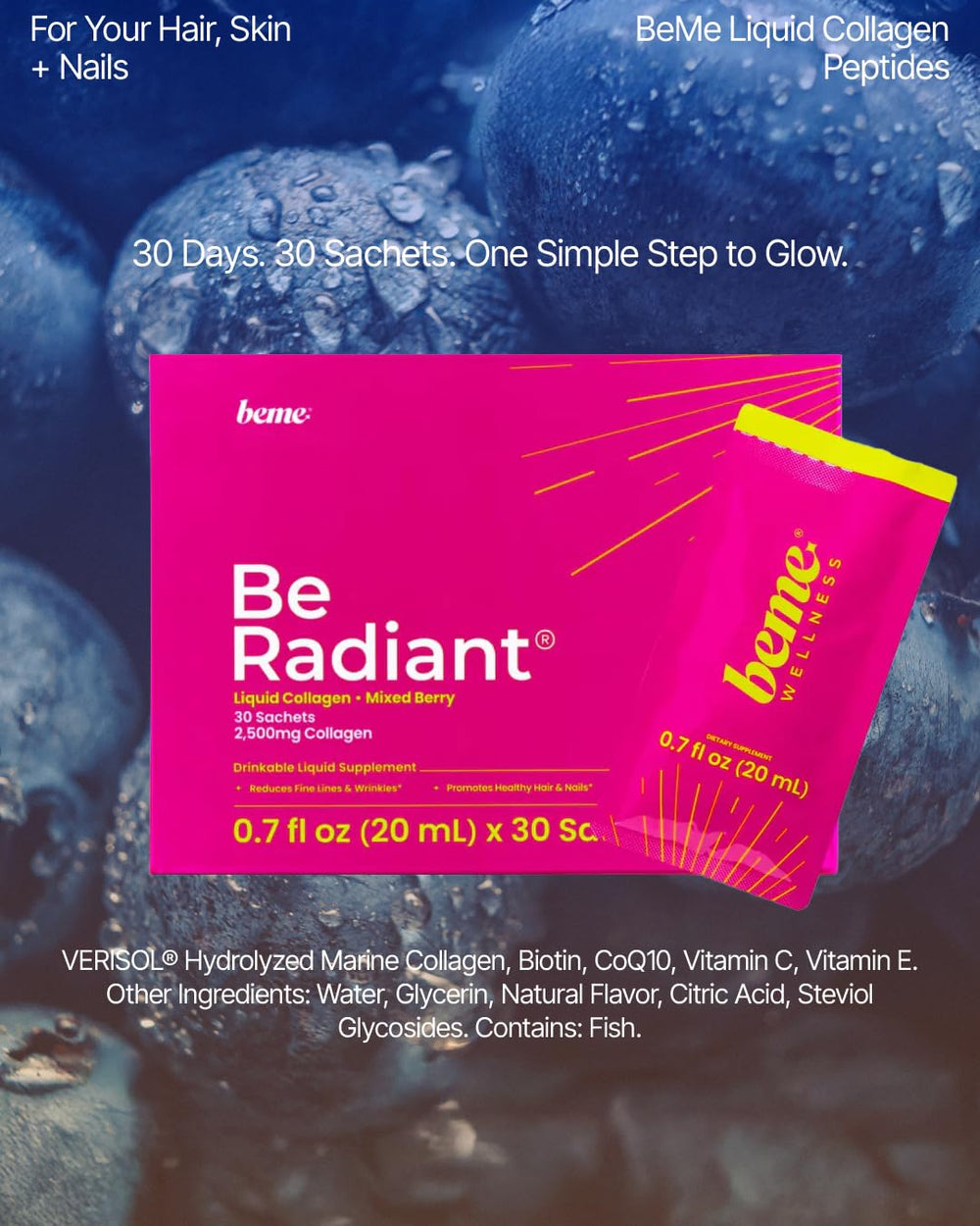 BeMe Liquid Collagen with CoQ10 and Astaxanthin visuals emphasize skin and hair benefits