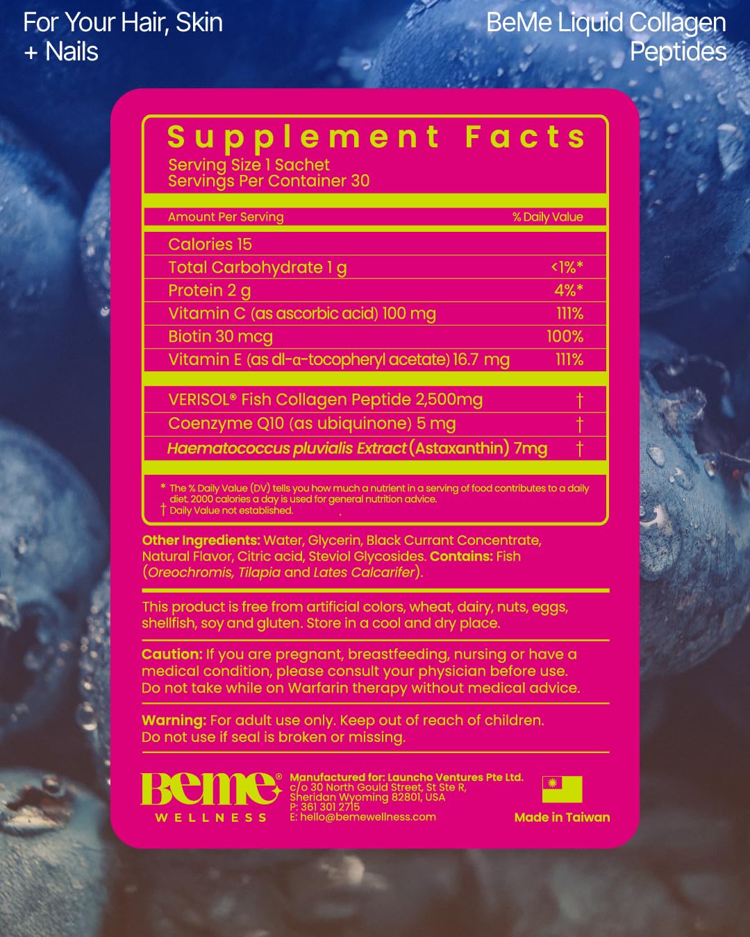 BeMe Liquid Collagen label closeup highlights VERISOL, Biotin, and Vitamin C details