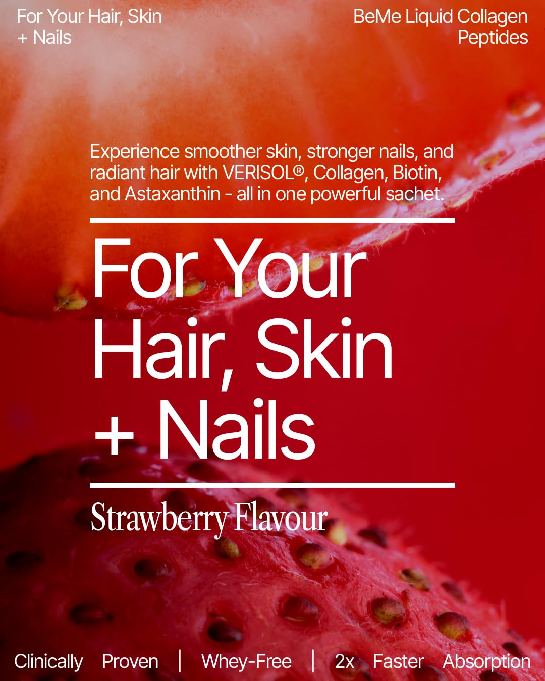 BeMe strawberry liquid collagen being poured for fast absorption.