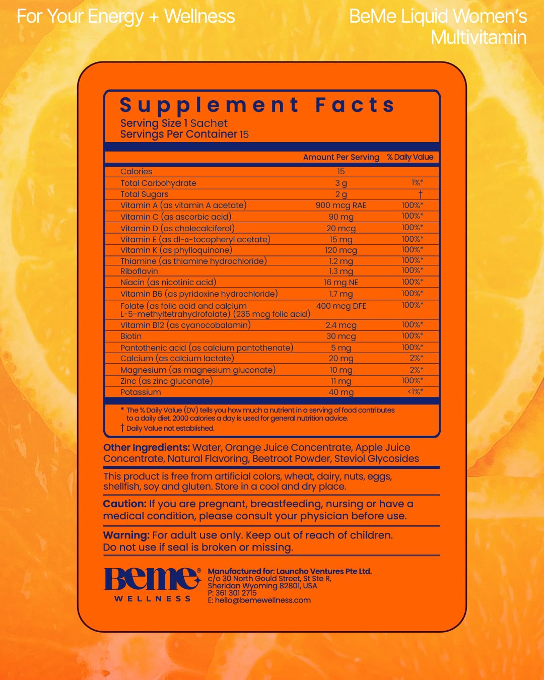 BeMe orange sachet label close-up signals trusted, non-GMO formulation