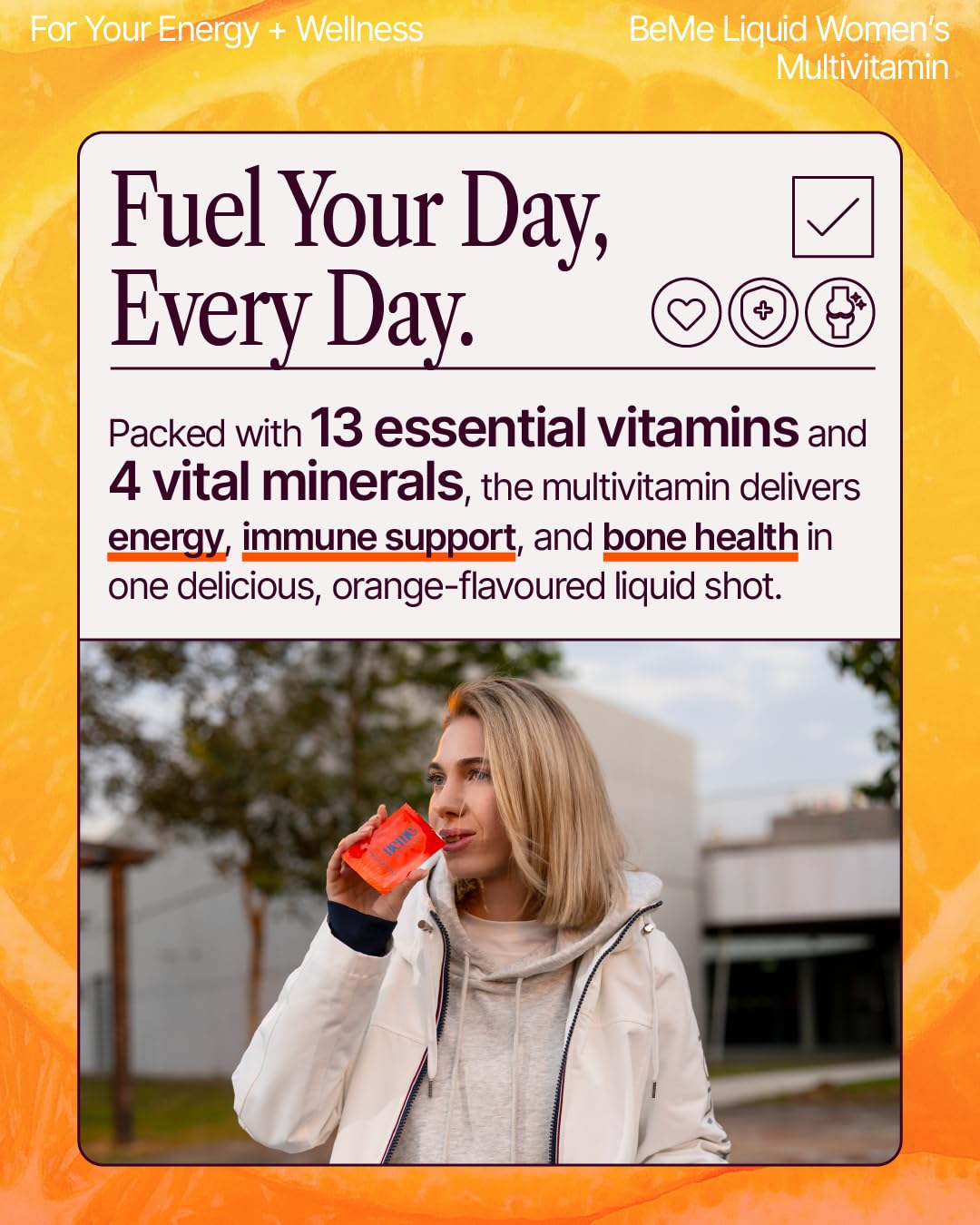 BeMe orange sachet open-foil showcases mess-free daily nutrition